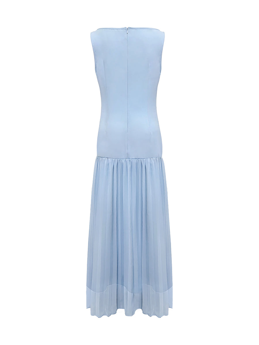 Festliches Kleid Damen Maxi mit Bootausschnitt und Drop-Waist-Naht und Plissee-Rockbereich