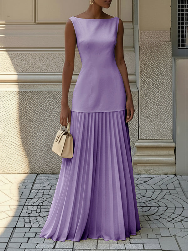 Festliches Kleid Damen Maxi mit Bootausschnitt und Drop-Waist-Naht und Plissee-Rockbereich