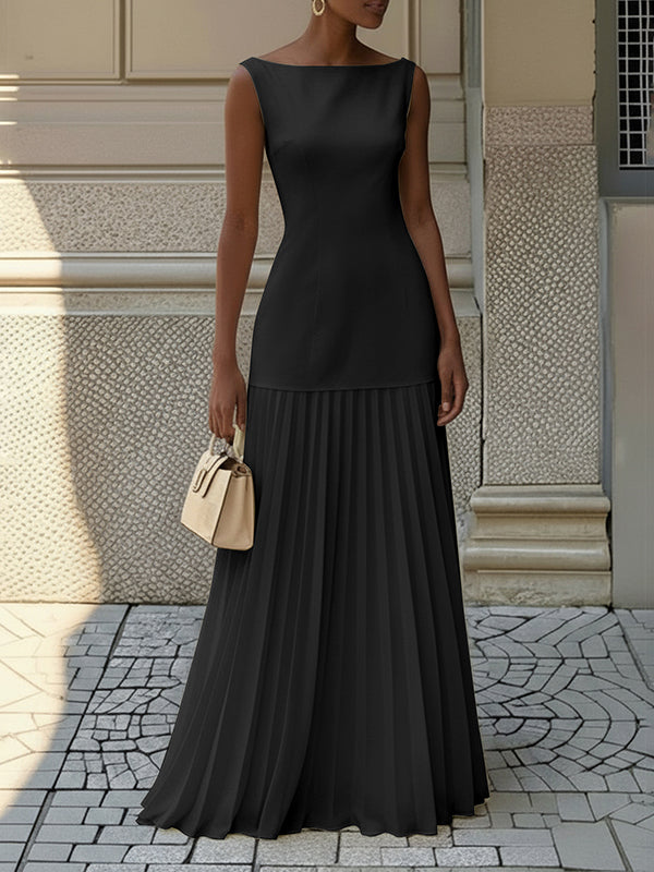 Festliches Kleid Damen Maxi mit Bootausschnitt und Drop-Waist-Naht und Plissee-Rockbereich
