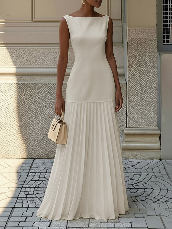 Festliches Kleid Damen Maxi mit Bootausschnitt und Drop-Waist-Naht und Plissee-Rockbereich