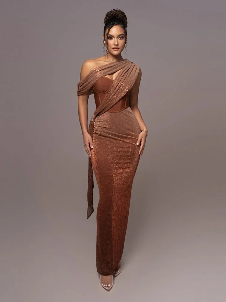 Festliches Kleid Damen Maxi mit Ein-Schulter-Ausschnitt Brustausschnitt und Glitzerbesatz