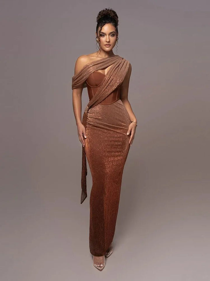 Festliches Kleid Damen Maxi mit Ein-Schulter-Ausschnitt Brustausschnitt und Glitzerbesatz