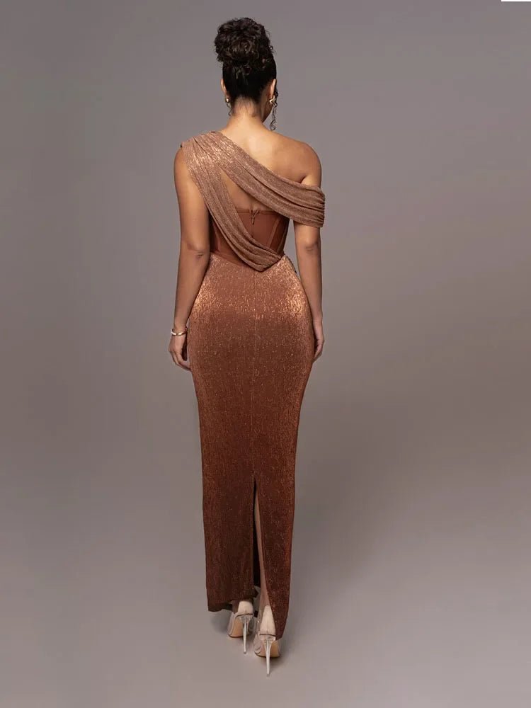 Festliches Kleid Damen Maxi mit Ein-Schulter-Ausschnitt Brustausschnitt und Glitzerbesatz