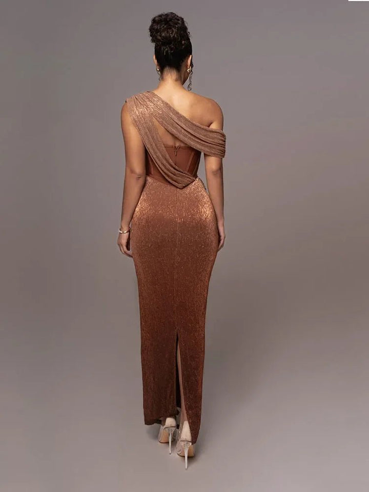 Festliches Kleid Damen Maxi mit Ein-Schulter-Ausschnitt Brustausschnitt und Glitzerbesatz