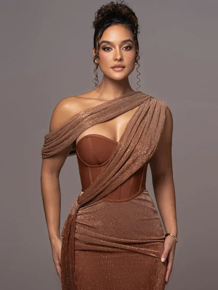 Festliches Kleid Damen Maxi mit Ein-Schulter-Ausschnitt Brustausschnitt und Glitzerbesatz