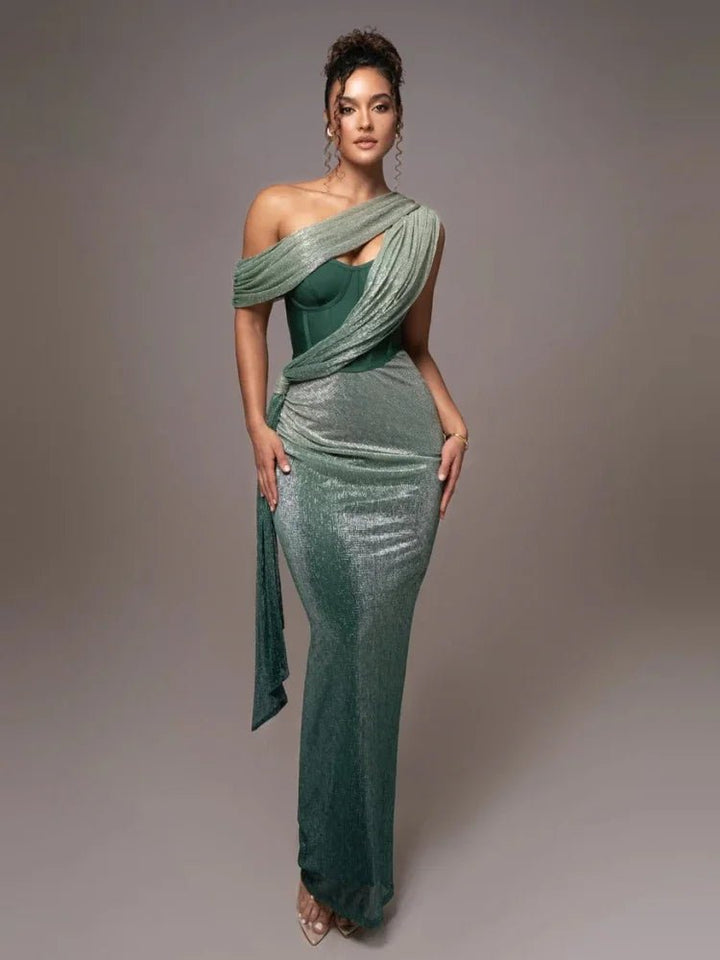 Festliches Kleid Damen Maxi mit Ein-Schulter-Ausschnitt Brustausschnitt und Glitzerbesatz
