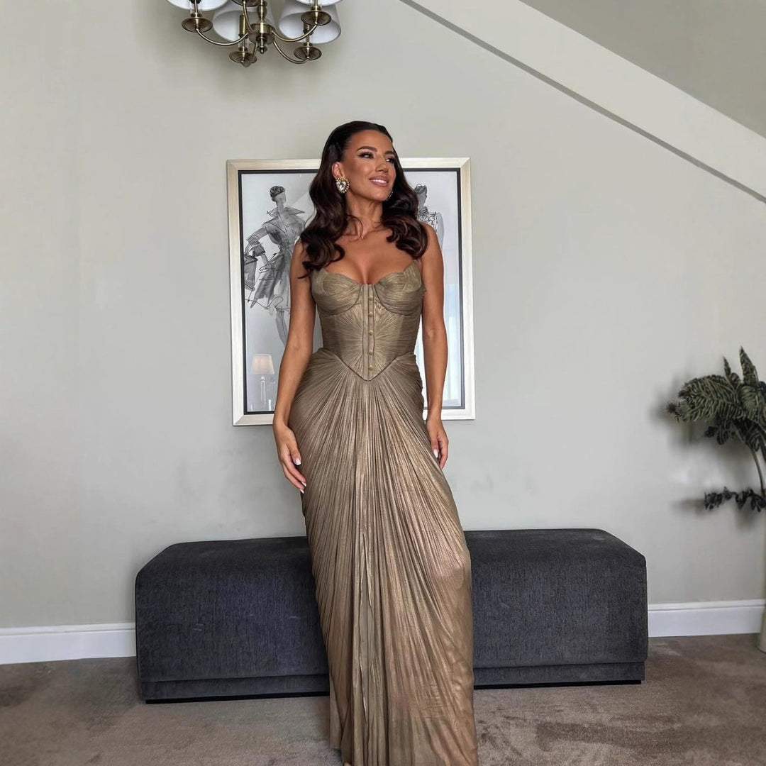 Festliches Kleid Damen Maxi mit Herzausschnitt Korsett-Oberteil und Plissee