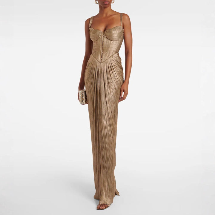Festliches Kleid Damen Maxi mit Herzausschnitt Korsett-Oberteil und Plissee