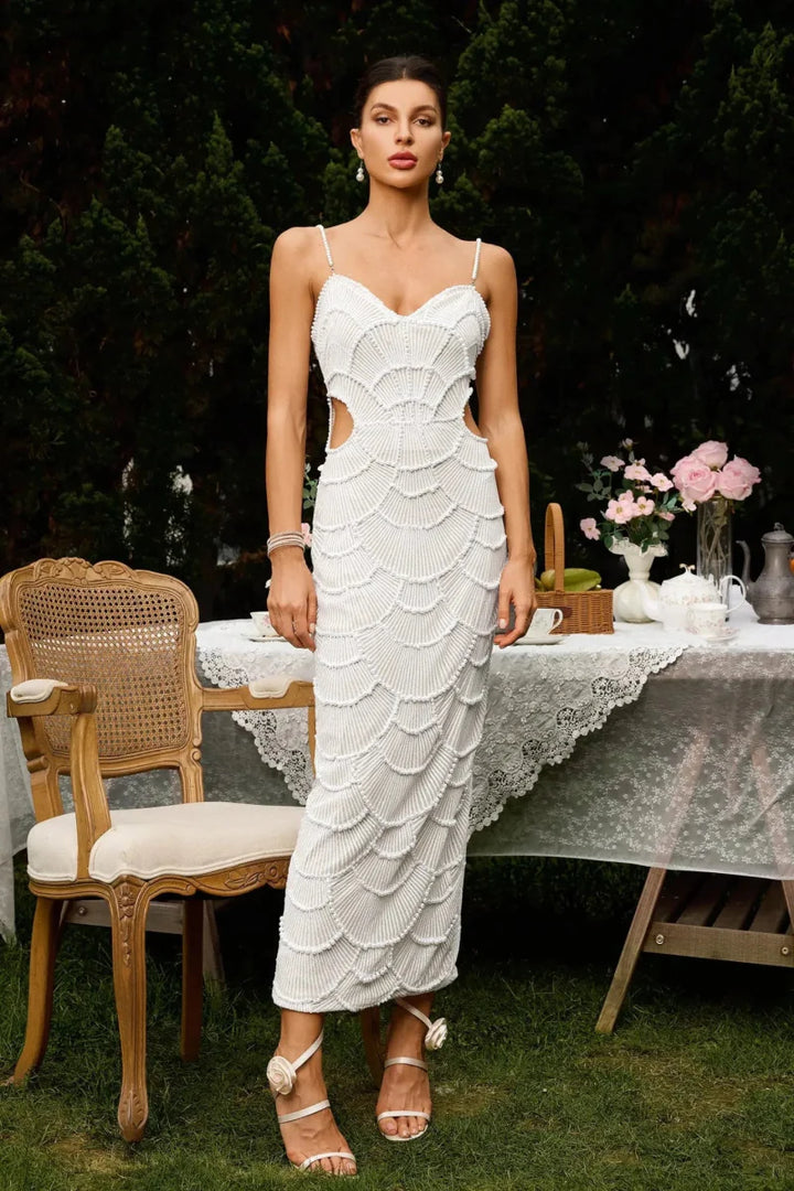 Festliches Kleid Damen Maxi mit Herzausschnitt und Spaghettiträgern und Taillenausschnitte