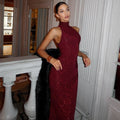 Festliches Kleid Damen Maxi mit Stehkragen Pailletten und offenem Rücken