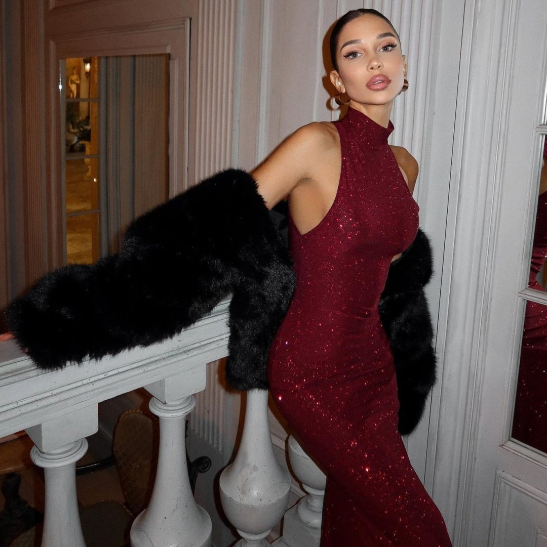Festliches Kleid Damen Maxi mit Stehkragen Pailletten und offenem Rücken