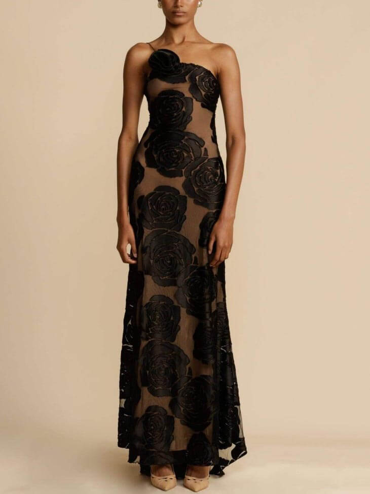 Festliches Kleid Damen Maxi mit Traegerlosem Oberteil 3D-Rosenapplikation und Netzstoff