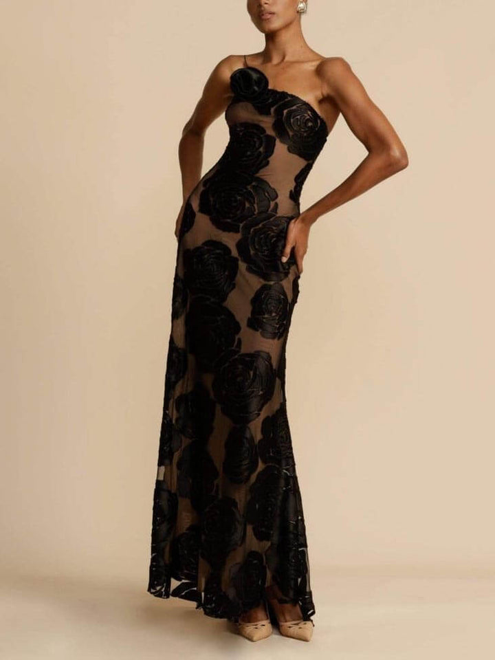 Festliches Kleid Damen Maxi mit Traegerlosem Oberteil 3D-Rosenapplikation und Netzstoff