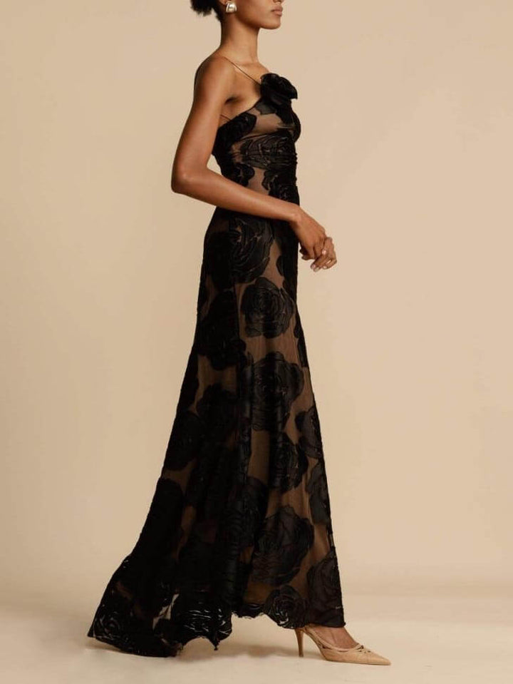 Festliches Kleid Damen Maxi mit Traegerlosem Oberteil 3D-Rosenapplikation und Netzstoff