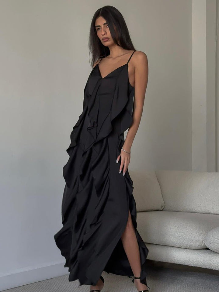 Festliches Kleid Damen Maxi mit V-Ausschnitt Spaghettraegern Volants und seitlichem Schlitz