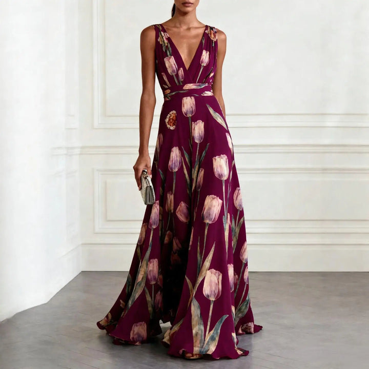 Festliches Kleid Damen Maxi mit V-Ausschnitt und Tulpenprint und Taillenbund