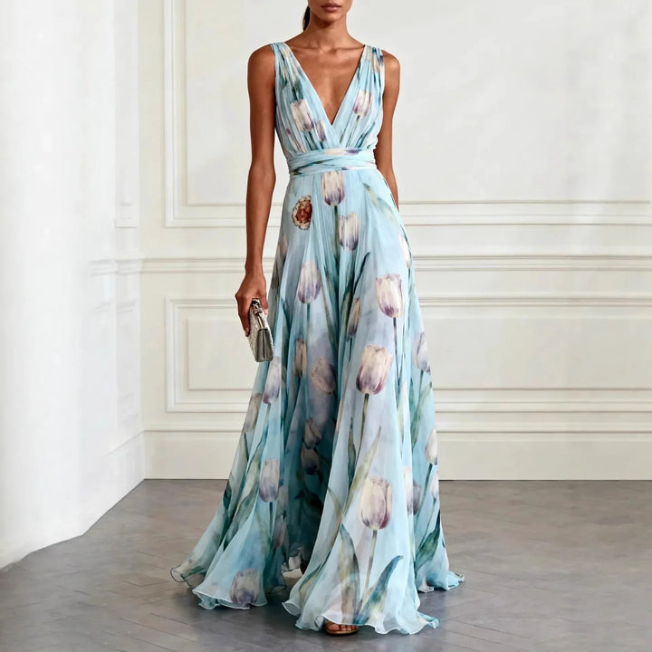Festliches Kleid Damen Maxi mit V-Ausschnitt und Tulpenprint und Taillenbund