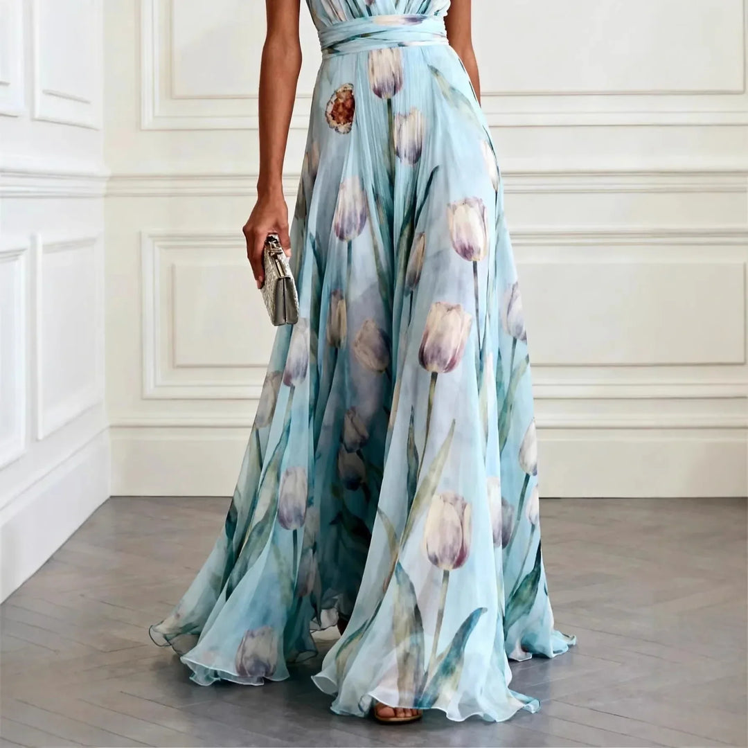 Festliches Kleid Damen Maxi mit V-Ausschnitt und Tulpenprint und Taillenbund