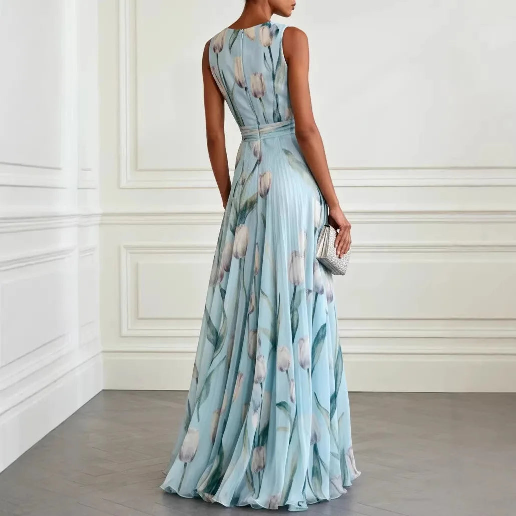 Festliches Kleid Damen Maxi mit V-Ausschnitt und Tulpenprint und Taillenbund