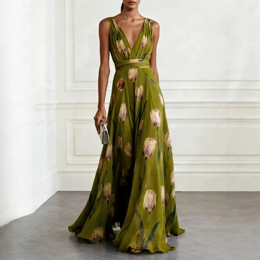 Festliches Kleid Damen Maxi mit V-Ausschnitt und Tulpenprint und Taillenbund
