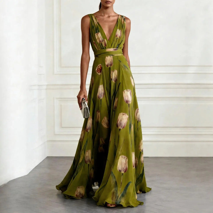 Festliches Kleid Damen Maxi mit V-Ausschnitt und Tulpenprint und Taillenbund