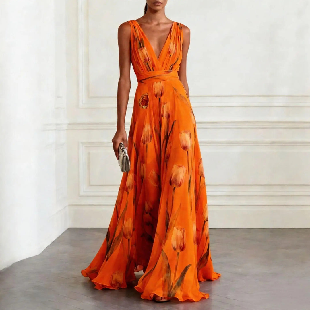 Festliches Kleid Damen Maxi mit V-Ausschnitt und Tulpenprint und Taillenbund