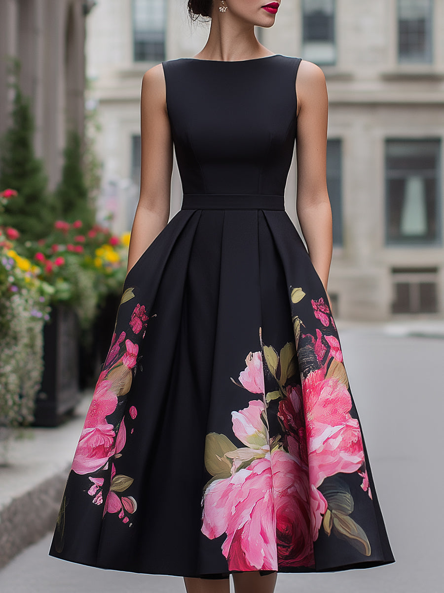 Festliches Kleid Damen Midi mit Bootausschnitt und Bundfalten-Rock und Blumenprint