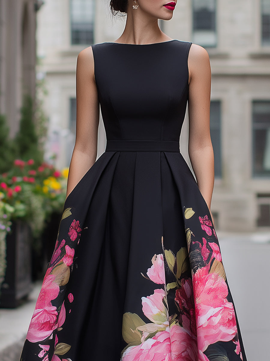 Festliches Kleid Damen Midi mit Bootausschnitt und Bundfalten-Rock und Blumenprint