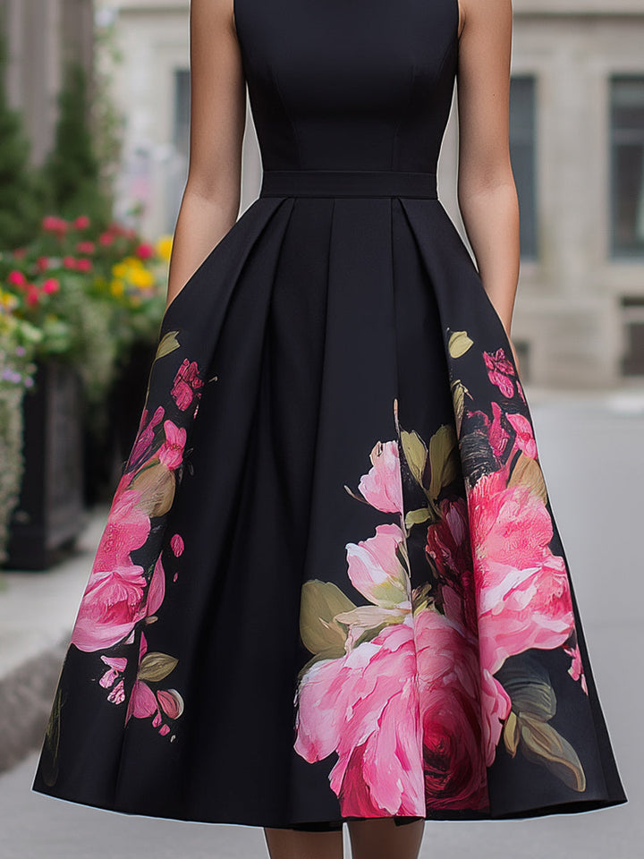 Festliches Kleid Damen Midi mit Bootausschnitt und Bundfalten-Rock und Blumenprint