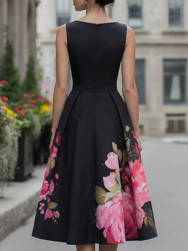 Festliches Kleid Damen Midi mit Bootausschnitt und Bundfalten-Rock und Blumenprint