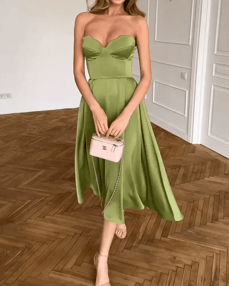 Festliches Kleid Damen Midi mit Herzausschnitt und Bandeauoberteil und A-Linien-Rock
