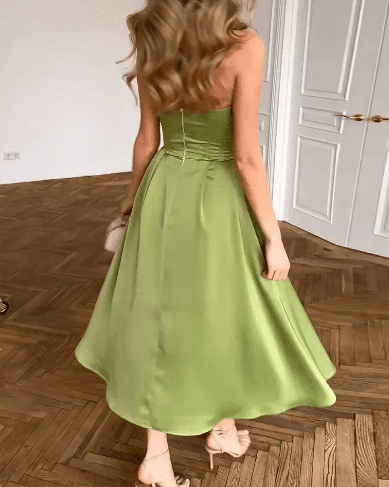 Festliches Kleid Damen Midi mit Herzausschnitt und Bandeauoberteil und A-Linien-Rock