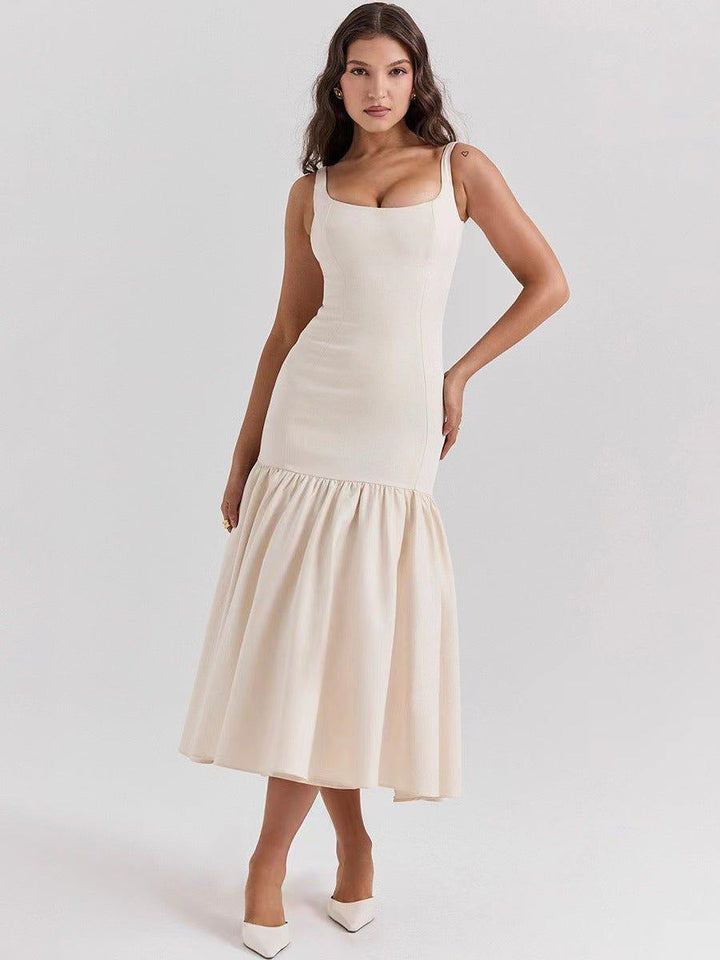 Festliches Kleid Damen Midi mit Quadratischem Ausschnitt und Breiten Trägern und Volantrock