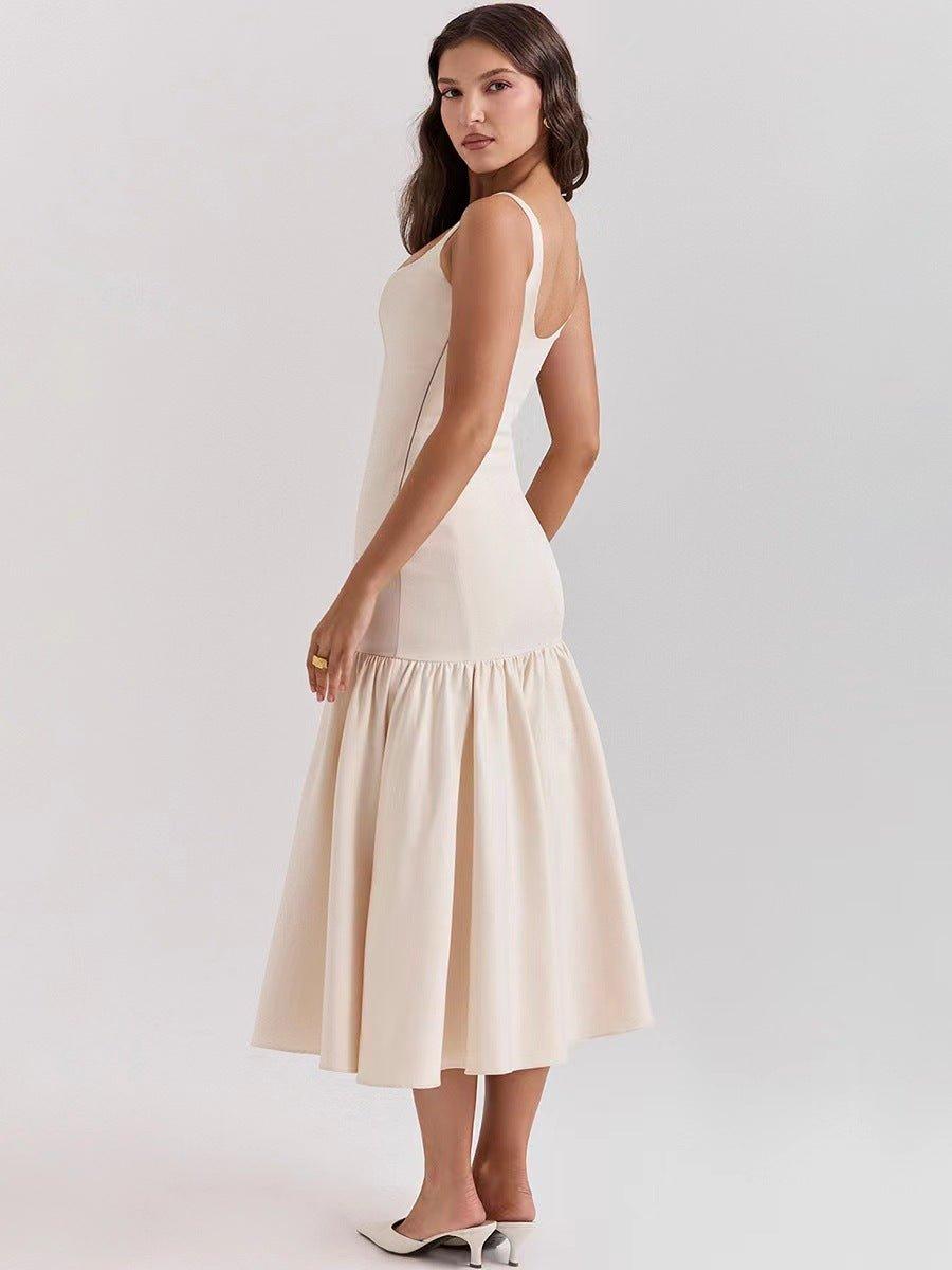 Festliches Kleid Damen Midi mit Quadratischem Ausschnitt und Breiten Trägern und Volantrock