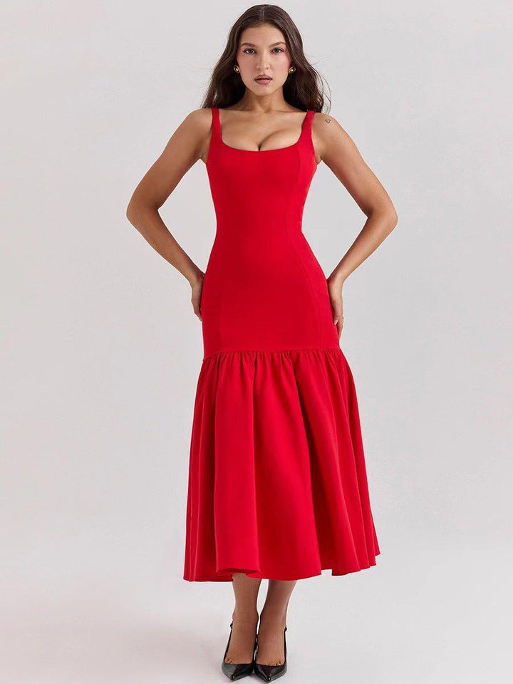 Festliches Kleid Damen Midi mit Quadratischem Ausschnitt und Breiten Trägern und Volantrock