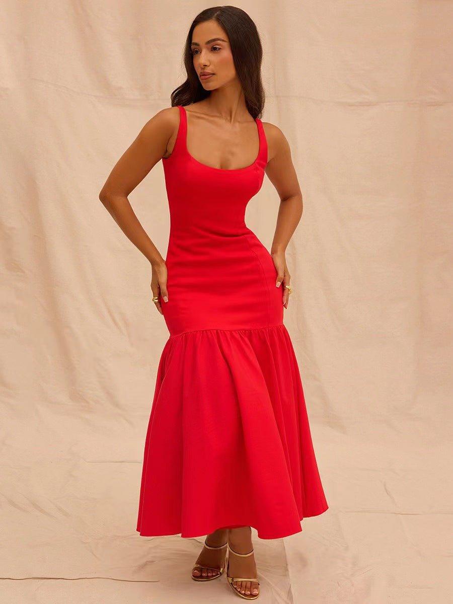 Festliches Kleid Damen Midi mit Quadratischem Ausschnitt und Breiten Trägern und Volantrock