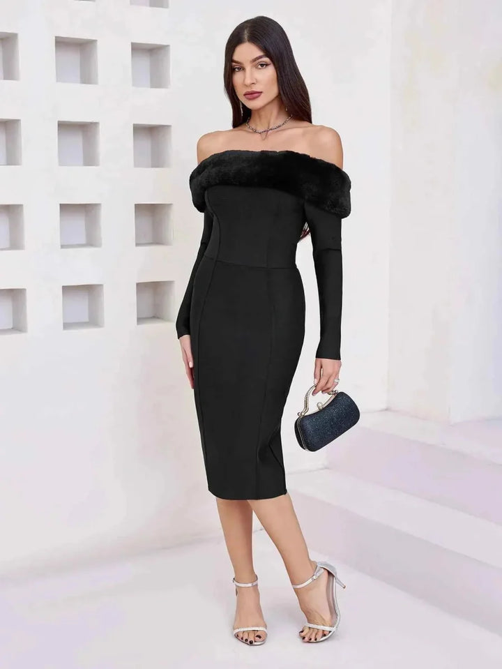 Festliches Kleid Damen Midi mit Schulterfreiem Ausschnitt und Kunstpelz-Besatz und Langen Ärmeln