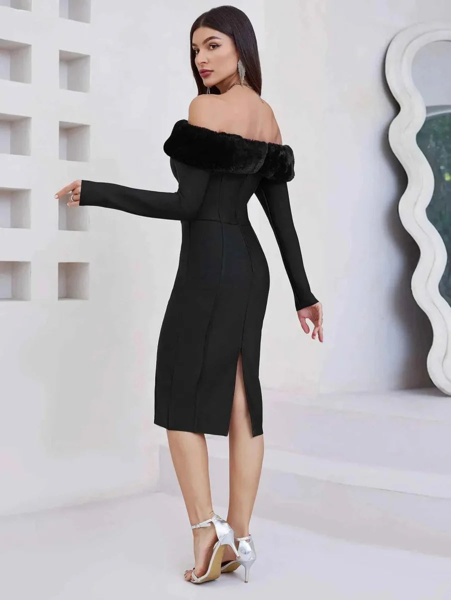 Festliches Kleid Damen Midi mit Schulterfreiem Ausschnitt und Kunstpelz-Besatz und Langen Ärmeln