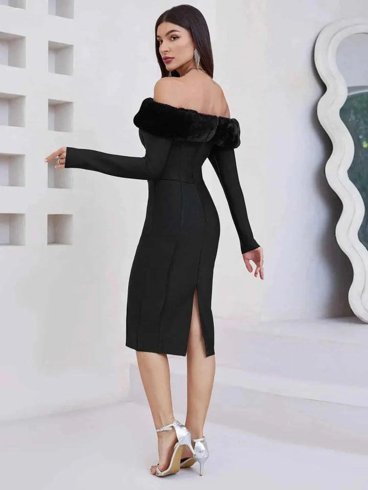 Festliches Kleid Damen Midi mit Schulterfreiem Ausschnitt und Kunstpelz-Besatz und Langen Ärmeln