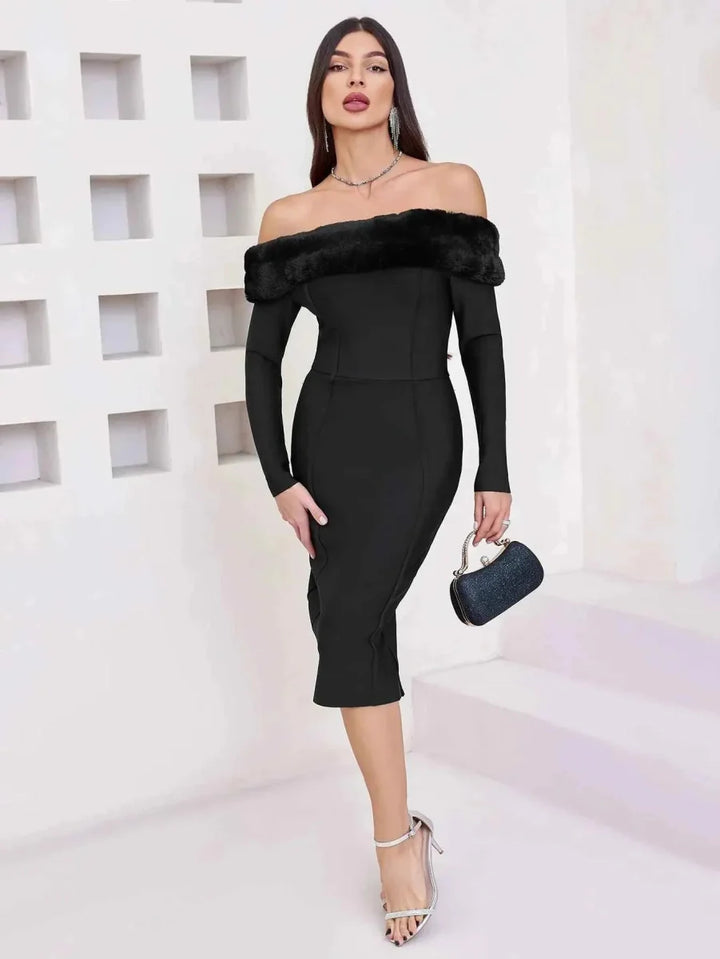 Festliches Kleid Damen Midi mit Schulterfreiem Ausschnitt und Kunstpelz-Besatz und Langen Ärmeln