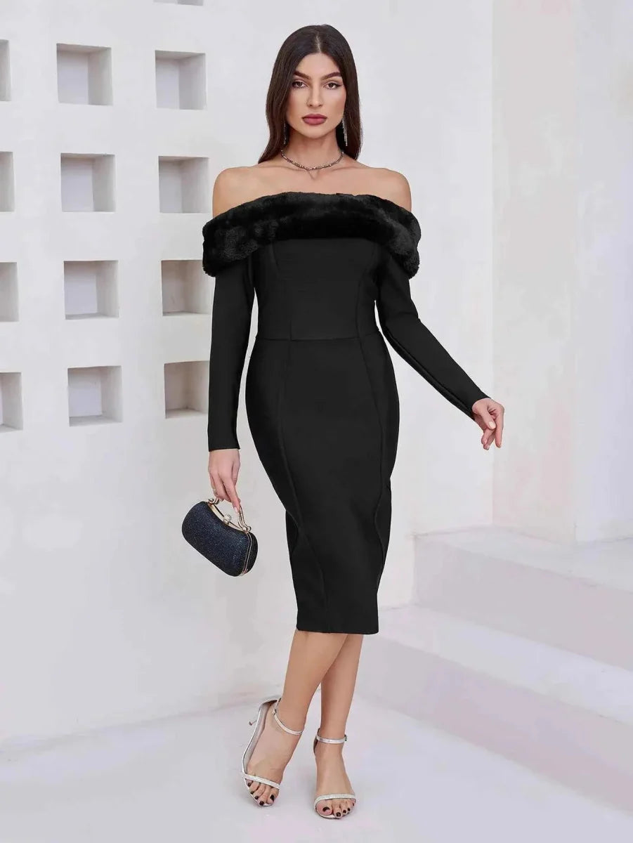 Festliches Kleid Damen Midi mit Schulterfreiem Ausschnitt und Kunstpelz-Besatz und Langen Ärmeln