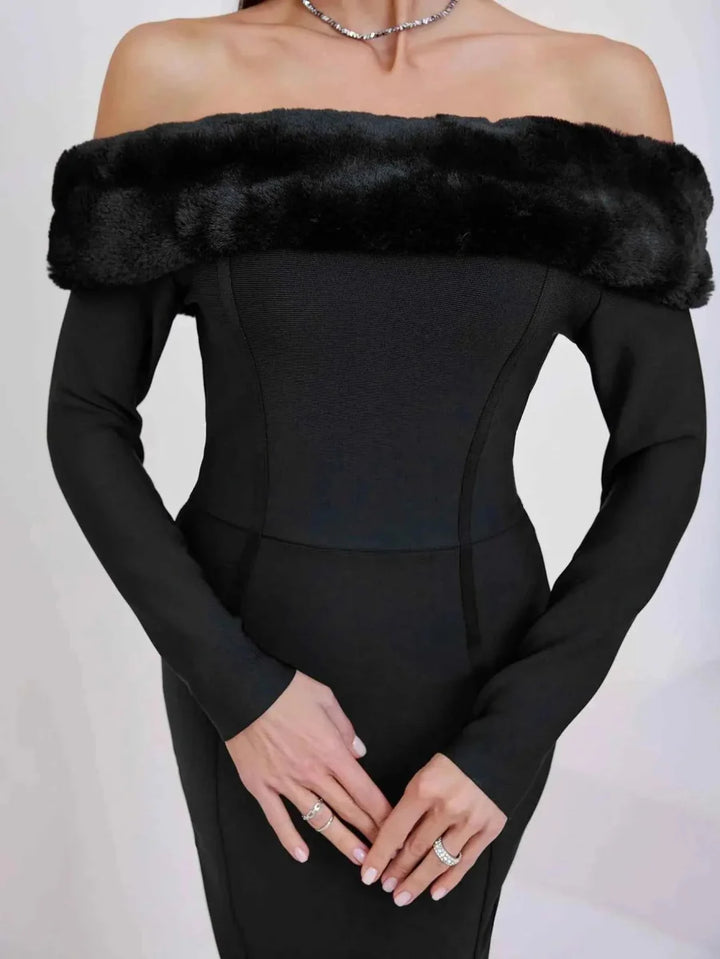 Festliches Kleid Damen Midi mit Schulterfreiem Ausschnitt und Kunstpelz-Besatz und Langen Ärmeln