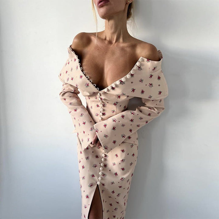 Festliches Kleid Damen Midi mit Stehkragen und Knopfleiste und Blumenprint