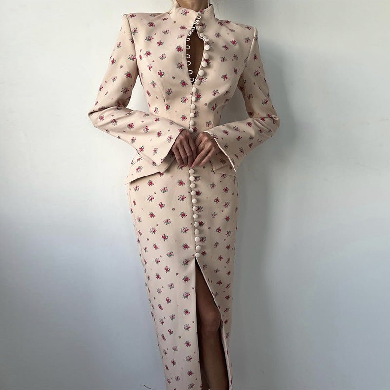 Festliches Kleid Damen Midi mit Stehkragen und Knopfleiste und Blumenprint