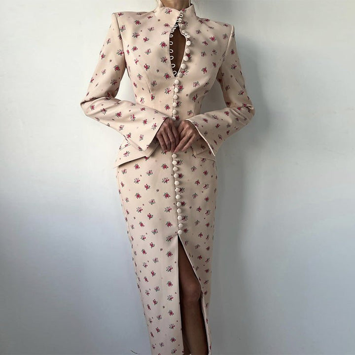 Festliches Kleid Damen Midi mit Stehkragen und Knopfleiste und Blumenprint