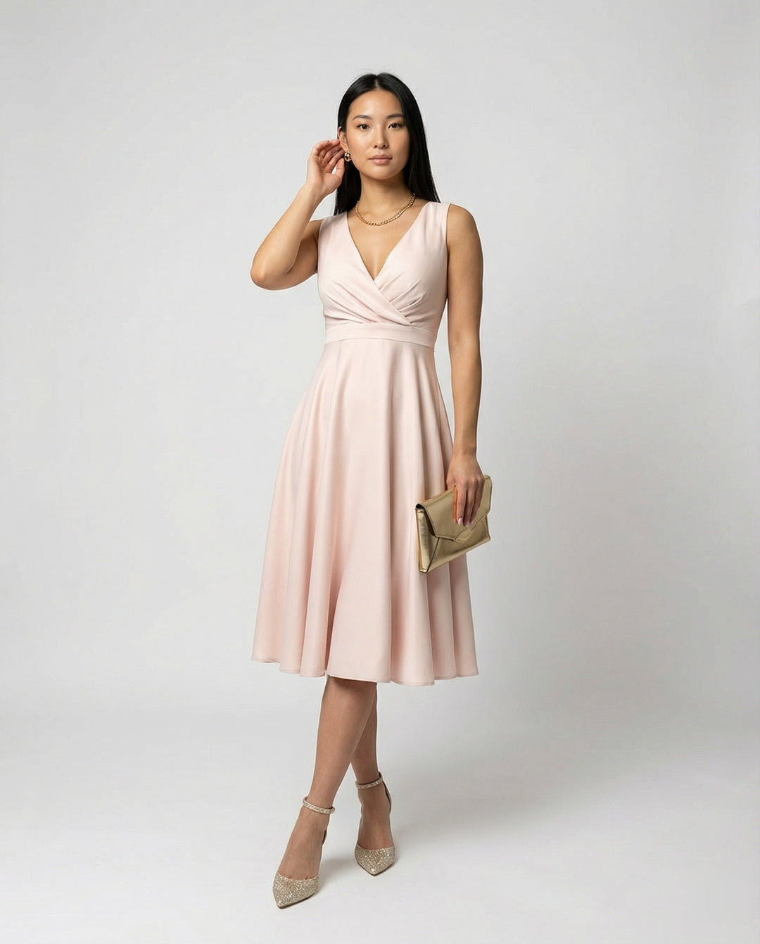 Festliches Kleid Damen Midi mit V-Ausschnitt und Überkreuzoberteil und A-Linien-Rock