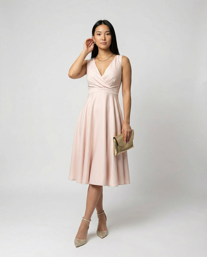 Festliches Kleid Damen Midi mit V-Ausschnitt und Überkreuzoberteil und A-Linien-Rock