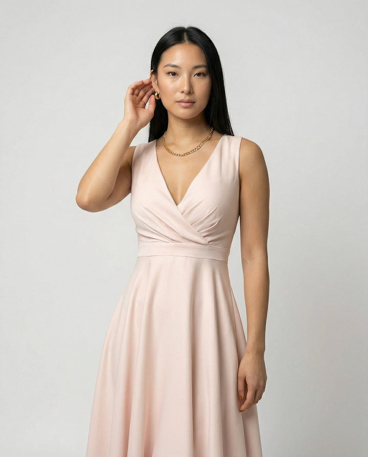 Festliches Kleid Damen Midi mit V-Ausschnitt und Überkreuzoberteil und A-Linien-Rock