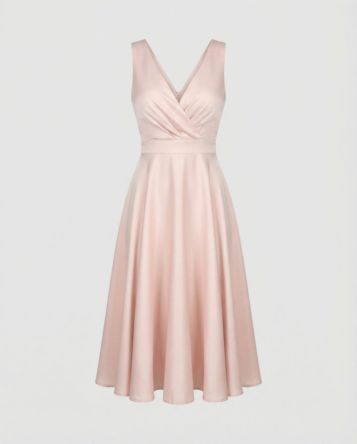 Festliches Kleid Damen Midi mit V-Ausschnitt und Überkreuzoberteil und A-Linien-Rock