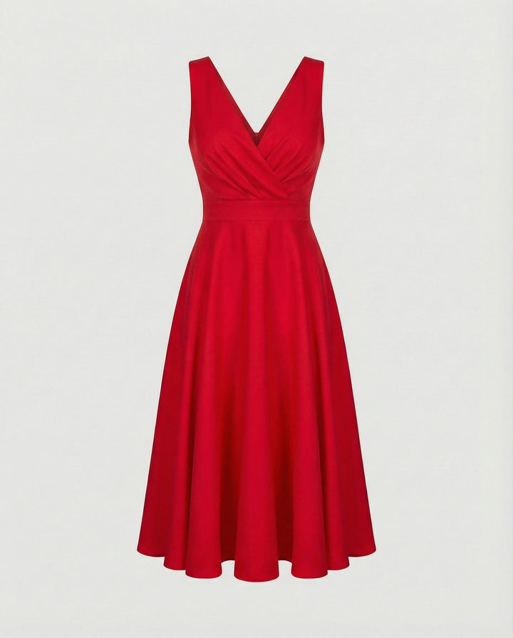 Festliches Kleid Damen Midi mit V-Ausschnitt und Überkreuzoberteil und A-Linien-Rock
